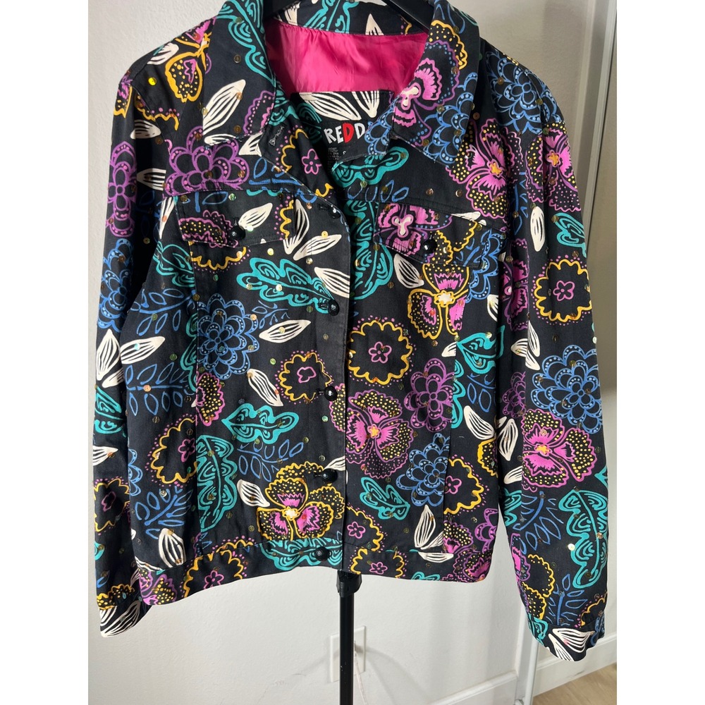 Redd Womens Floral Denim Jacket Neon Multi Color Sequin Embellished Black